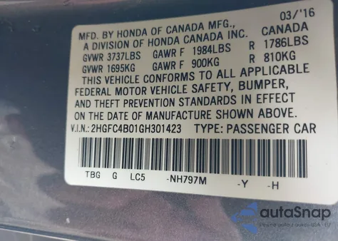 2016 Honda Civic Lx-P из США, поврежденный, VIN 2HGFC4B01GH301423